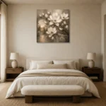 Ivory Mushroom Magnolia Courtyard Flower Wall Art Canvas Print showcased in an elegant minimalist interior