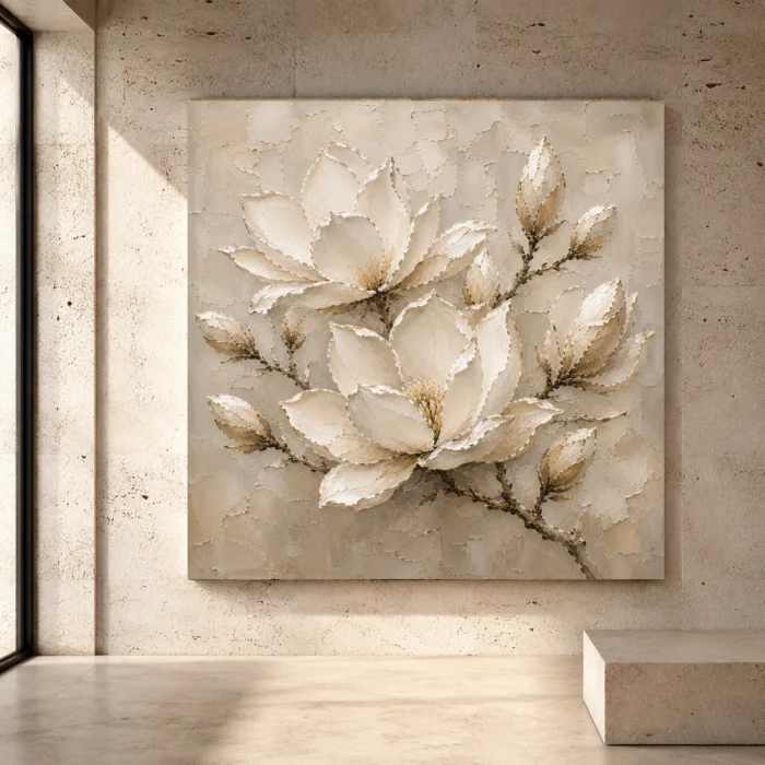 Ivory, champagne, taupe, pale stone, and soft cream Magnolia Flower Wall Art print for elegant interiors. No text or watermarks in design.