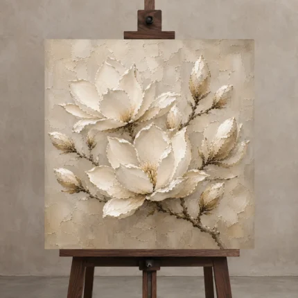 Ivory Stone Magnolia Cluster Flower Wall Art Canvas Print displayed on a studio easel