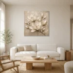 Ivory Stone Magnolia Cluster Flower Wall Art Canvas Print styled in a refined neutral interior