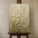 Sage & Cream Meadow Wildflower Wall Art Canvas Print displayed on a studio easel