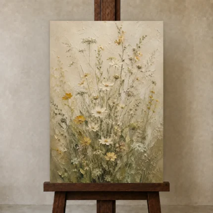 Sage & Cream Meadow Wildflower Wall Art Canvas Print shown in Studio Easel