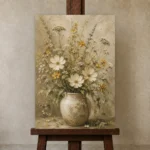 Sage Green & Taupe Wildflower Wall Art Canvas Print displayed on a studio easel