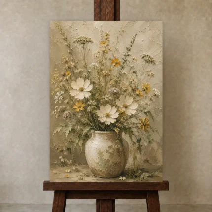 Sage Green & Taupe Wildflower Wall Art Canvas Print shown in Studio Easel