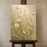 Muted Sage & Cream Wildflower Wall Art Canvas Print displayed on a studio easel