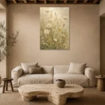 Muted Sage & Cream Wildflower Wall Art Canvas Print presented in a sophisticated home setting