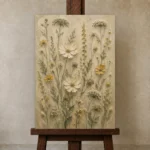 Sage & Ivory Herbarium Wildflower Wall Art Canvas Print displayed on a studio easel