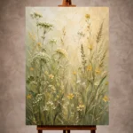 Sage green and pale straw Wildflower Wall Art print for elegant interiors. No text or watermarks in design.