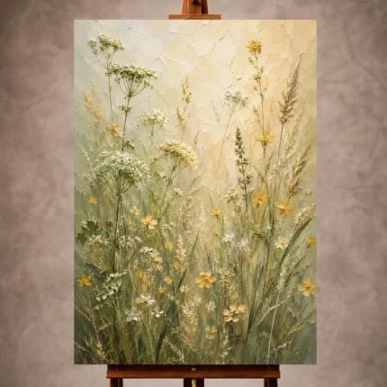 Sage green and pale straw Wildflower Wall Art print for elegant interiors. No text or watermarks in design.