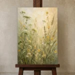 Sage Green & Pale Straw Meadow Wildflower Wall Art Canvas Print displayed on a studio easel