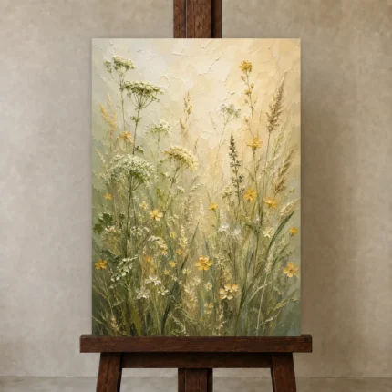 Sage Green & Pale Straw Meadow Wildflower Wall Art Canvas Print shown in Studio Easel