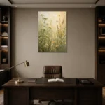 Sage Green & Pale Straw Meadow Wildflower Wall Art Canvas Print displayed in a contemporary gallery-inspired room