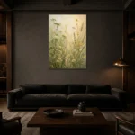 Sage Green & Pale Straw Meadow Wildflower Wall Art Canvas Print shown in a warm modern interior