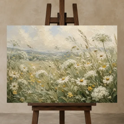 Sage & Buttercream Meadow Wildflower Wall Art Canvas Print displayed on a studio easel