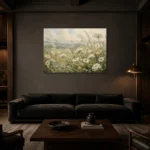 Sage & Buttercream Meadow Wildflower Wall Art Canvas Print shown in a warm modern interior