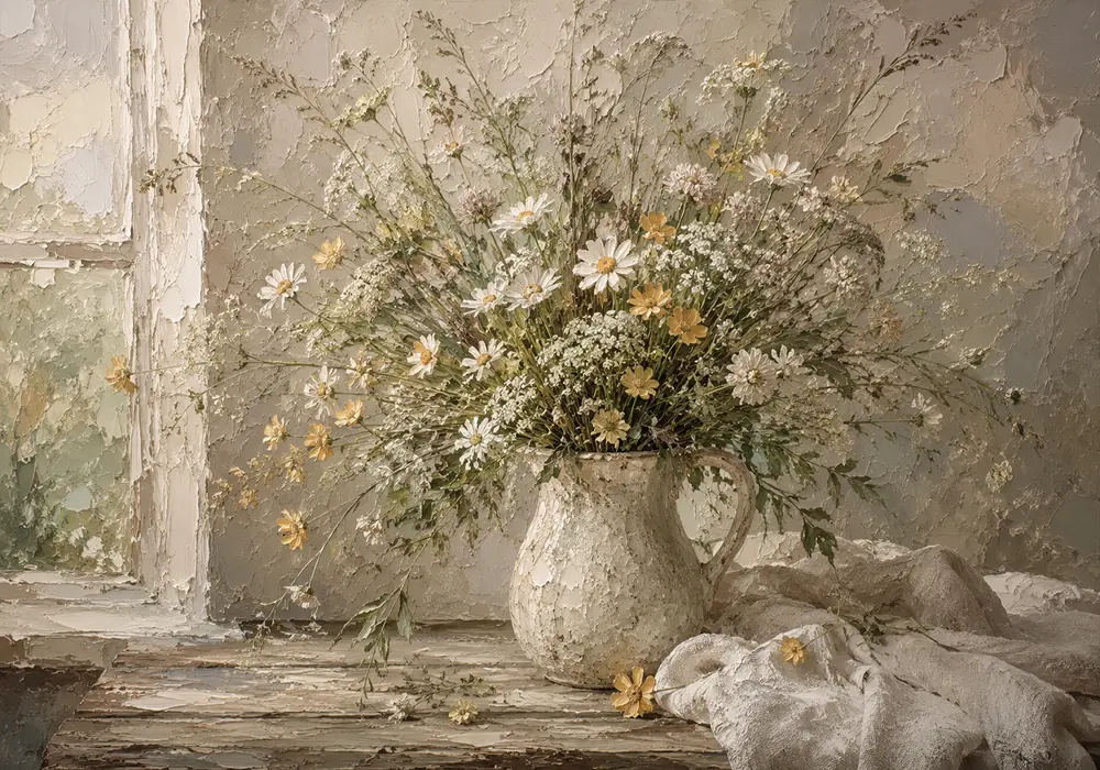 Sage Green & Taupe Wildflower Still Life Wall Art Canvas Print