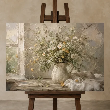 Sage Green & Taupe Wildflower Still Life Wall Art Canvas Print displayed on a studio easel