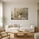 Sage Green & Taupe Wildflower Still Life Wall Art Canvas Print styled in a refined neutral interior