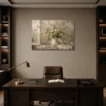 Sage Green & Taupe Wildflower Still Life Wall Art Canvas Print displayed in a contemporary gallery-inspired room