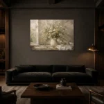 Sage Green & Taupe Wildflower Still Life Wall Art Canvas Print shown in a warm modern interior