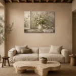 Sage Green & Taupe Wildflower Still Life Wall Art Canvas Print presented in a sophisticated home setting