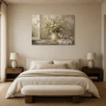 Sage Green & Taupe Wildflower Still Life Wall Art Canvas Print showcased in an elegant minimalist interior