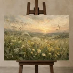Sage & Smoky Olive Dusk Wildflower Wall Art Canvas Print displayed on a studio easel