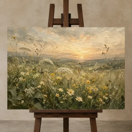 Sage & Smoky Olive Dusk Wildflower Wall Art Canvas Print displayed on a studio easel