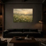 Sage & Smoky Olive Dusk Wildflower Wall Art Canvas Print shown in a warm modern interior