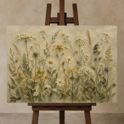 Sage & Ivory Pressed Flower Wildflower Wall Art Canvas Print displayed on a studio easel