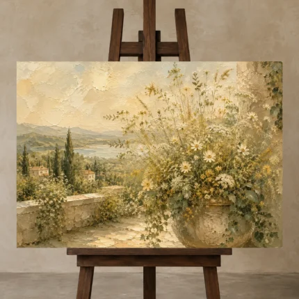 Sage & Warm Beige Terrace Wildflower Wall Art Canvas Print displayed on a studio easel