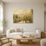 Sage & Warm Beige Terrace Wildflower Wall Art Canvas Print styled in a refined neutral interior