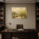 Sage & Warm Beige Terrace Wildflower Wall Art Canvas Print displayed in a contemporary gallery-inspired room