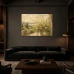 Sage & Warm Beige Terrace Wildflower Wall Art Canvas Print shown in a warm modern interior