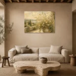 Sage & Warm Beige Terrace Wildflower Wall Art Canvas Print presented in a sophisticated home setting