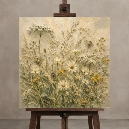 Sage & Parchment Botanical Keepsake Wildflower Wall Art Canvas Print displayed on a studio easel
