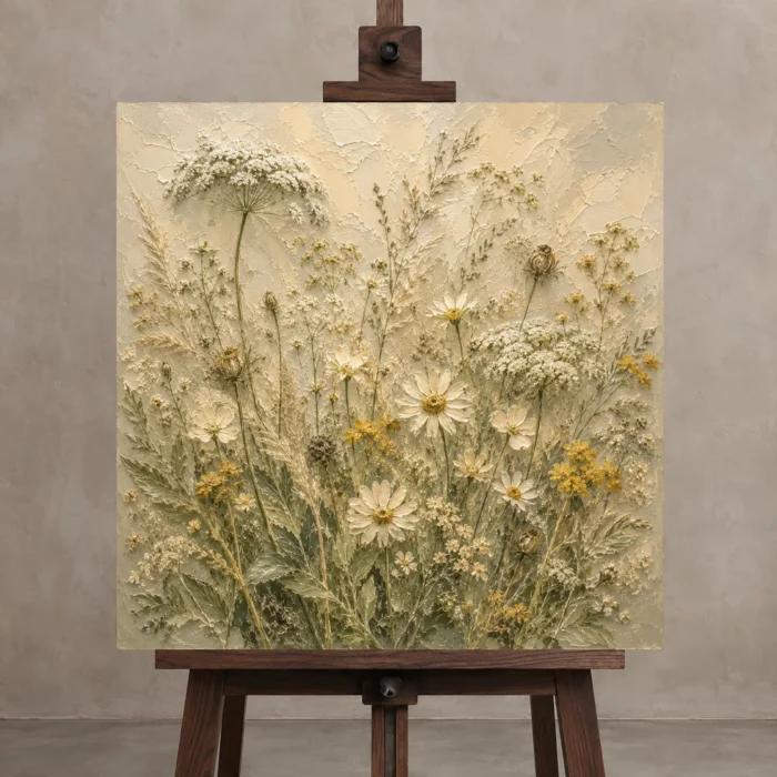 Sage & Parchment Botanical Keepsake Wildflower Wall Art Canvas Print displayed on a studio easel