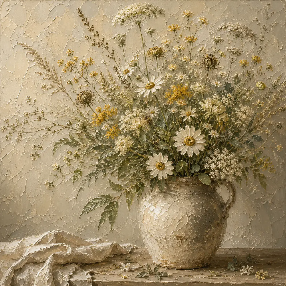 Sage Green & Warm Taupe Wildflower Still Life Wall Art Canvas Print