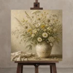 Sage Green & Warm Taupe Wildflower Still Life Wall Art Canvas Print displayed on a studio easel