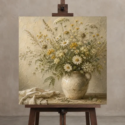 Sage Green & Warm Taupe Wildflower Still Life Wall Art Canvas Print displayed on a studio easel
