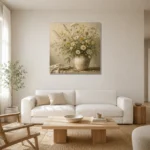 Sage Green & Warm Taupe Wildflower Still Life Wall Art Canvas Print styled in a refined neutral interior