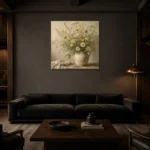 Sage Green & Warm Taupe Wildflower Still Life Wall Art Canvas Print shown in a warm modern interior
