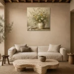 Sage Green & Warm Taupe Wildflower Still Life Wall Art Canvas Print presented in a sophisticated home setting