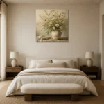 Sage Green & Warm Taupe Wildflower Still Life Wall Art Canvas Print showcased in an elegant minimalist interior
