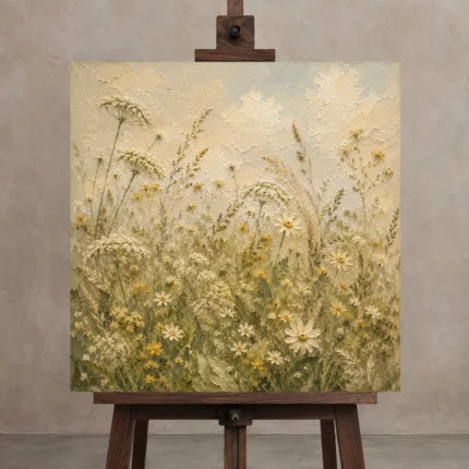 Sage & Pale Straw Meadow Wildflower Wall Art Canvas Print displayed on a studio easel