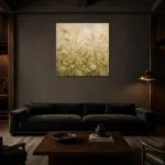 Sage & Pale Straw Meadow Wildflower Wall Art Canvas Print shown in a warm modern interior