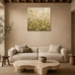 Sage & Pale Straw Meadow Wildflower Wall Art Canvas Print presented in a sophisticated home setting