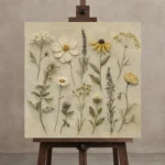 Sage & Olive Gray Herbarium Wildflower Wall Art Canvas Print displayed on a studio easel