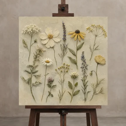 Sage & Olive Gray Herbarium Wildflower Wall Art Canvas Print displayed on a studio easel