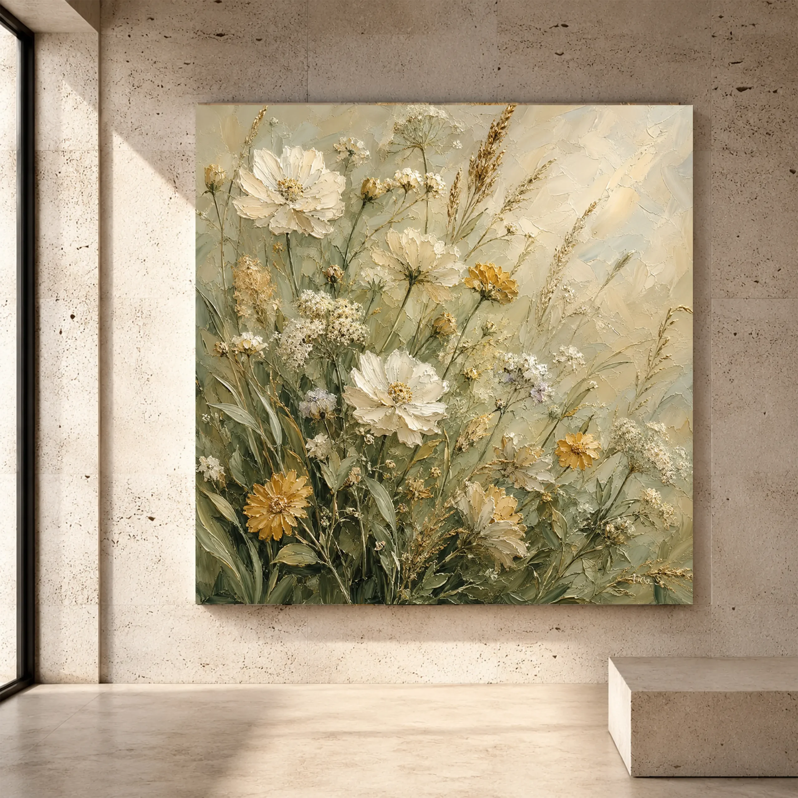 Premium Wall Art Kare Html Edition – FLOWERWA065 Image 1 Sage and pearl Wildflower Wall Art print for elegant interiors. No text or watermarks in design.